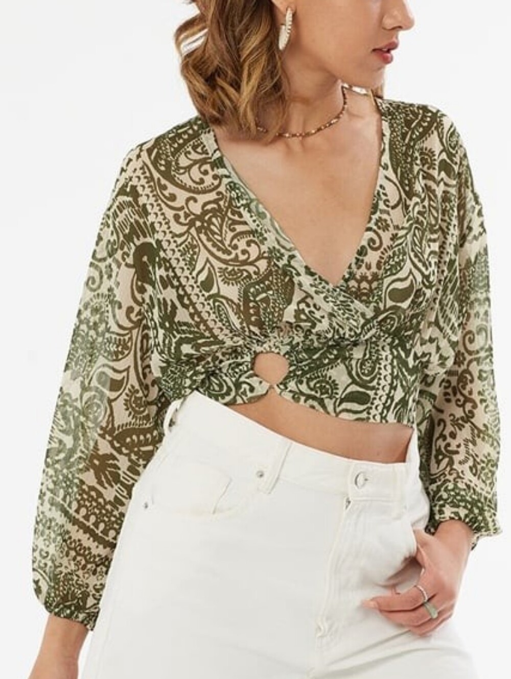 Zara Crop Sheer Long Sleeve Boho Green Paisley with Ring Detail XS Oversized - Picture 4 of 4
